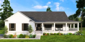 3 bedrooms contemporary farmhouse with a 3-sided wrap-around porch