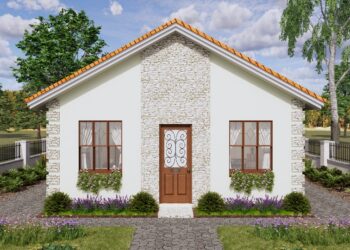 Free house plan with 2 bedrooms, 1 bathroom. The living room, dining room and kitchen in the same space 7X7 METERS