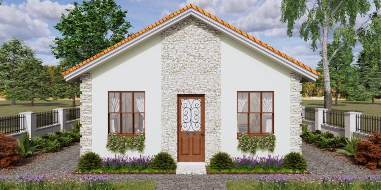 Free house plan with 2 bedrooms, 1 bathroom. The living room, dining room and kitchen in the same space 7X7 METERS