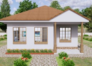 Simple 3 Bedroom House Design with Master, Single Bedrooms, Living Room, Kitchen, Dining Area, and Public Bathroom
