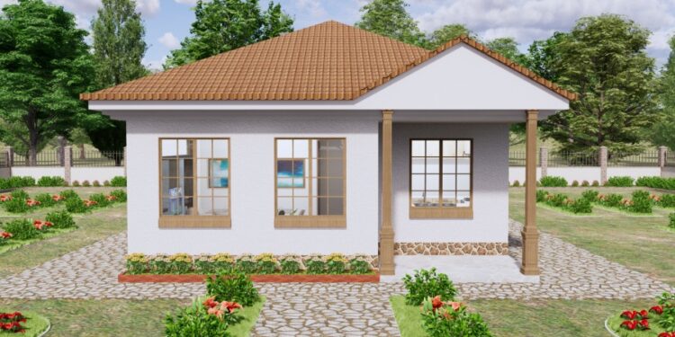 Simple 3 Bedroom House Design with Master, Single Bedrooms, Living Room, Kitchen, Dining Area, and Public Bathroom